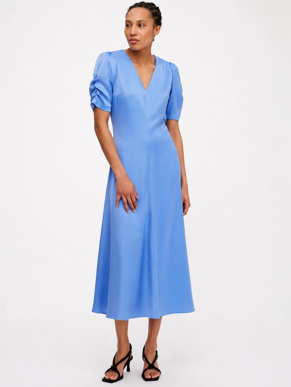 SELECTED Femme Puff Sleeve Ruched Detail Midi Dress Blue Size US 8 Minimalist
